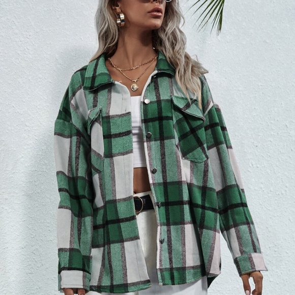 Boyfriend Fit Plaid Jacket oversized button pocket - Picture 5 of 12